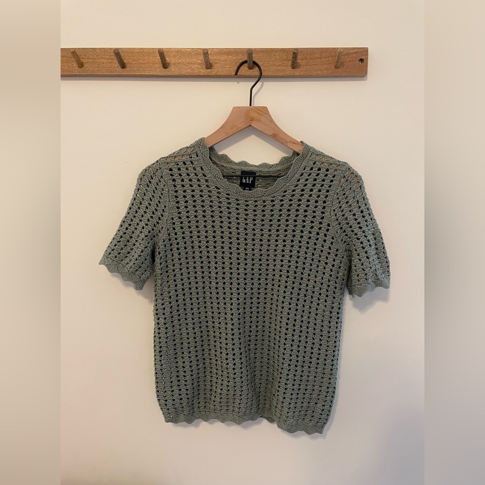 Gap Sage Green Crochet Knit Top with Ruffle Detail